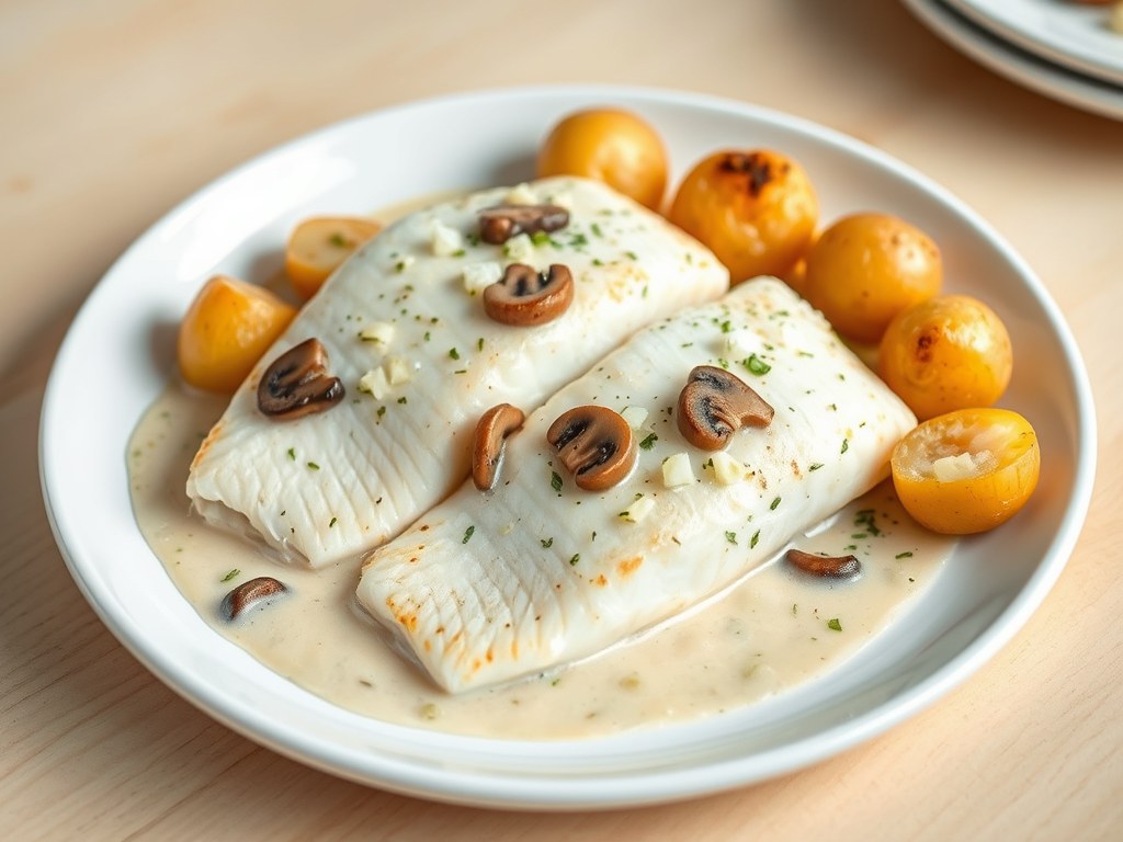 Noordzeetong met champignons en witte-wijnsaus, AI-gegenereerde illustratie