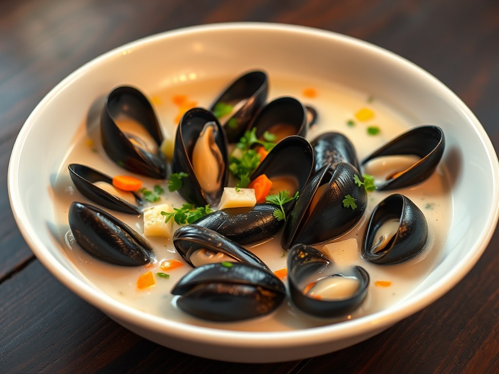 Normandisch soepje met oester en mossel, AI-gegenereerde illustratie