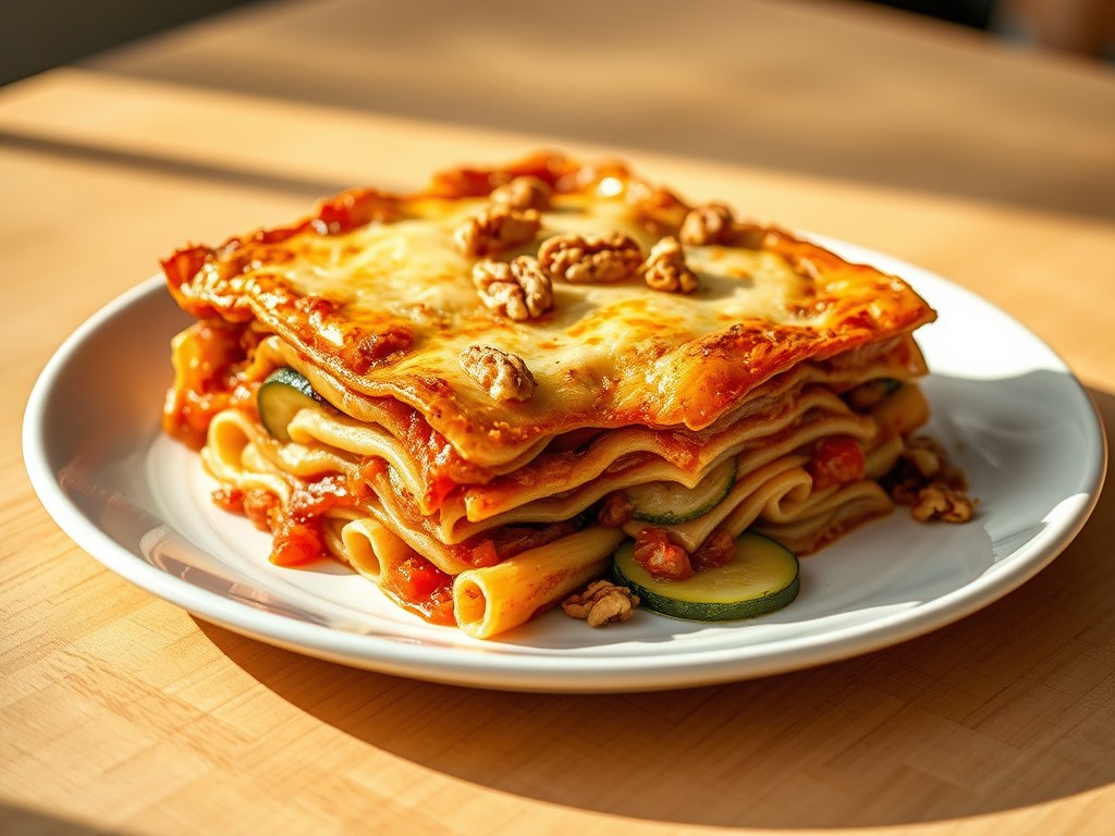 Notenlasagne met courgette, AI-gegenereerde illustratie