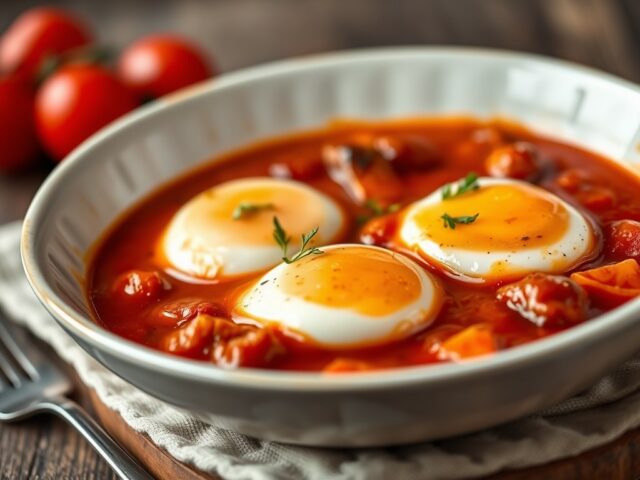Oeufs Bourguignonne (Eieren in Rode Wijn Saus) — AI-gegenereerde illustratie
