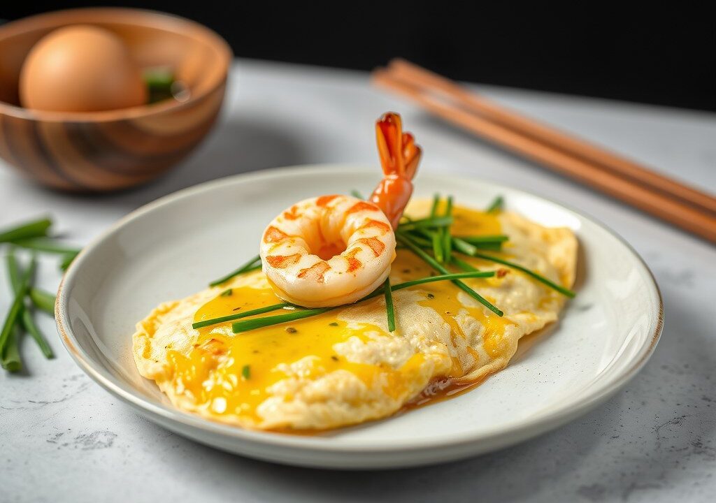 Omelet met garnalen en Chinese bieslook, AI-gegenereerde illustratie