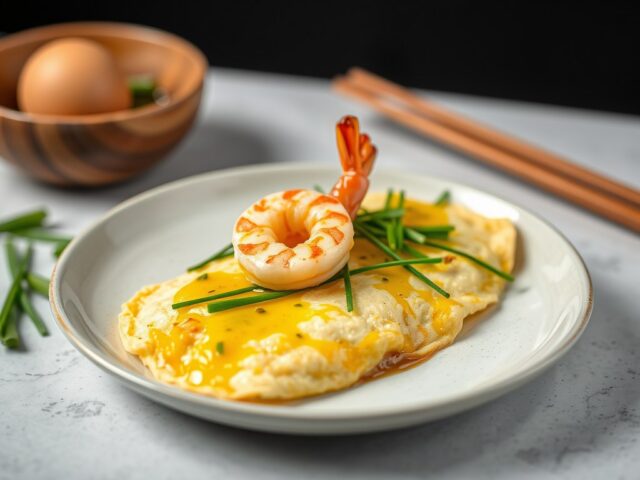 Omelet met garnalen en Chinese bieslook — AI-gegenereerde illustratie