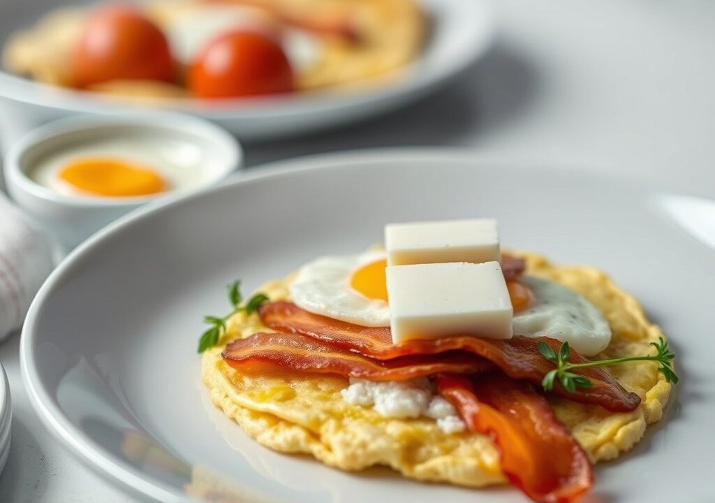 Omelet met geitenkaas en spekreepjes, AI-gegenereerde illustratie