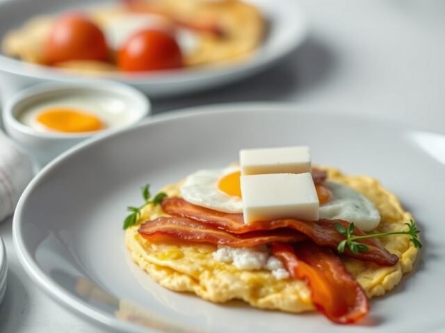 Omelet met geitenkaas en spekreepjes — AI-gegenereerde illustratie