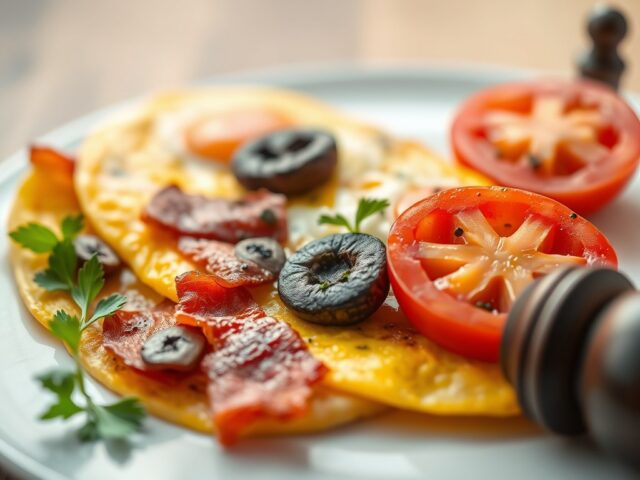 Omelet met ontbijtspek, champignons, tomaat, kaas
