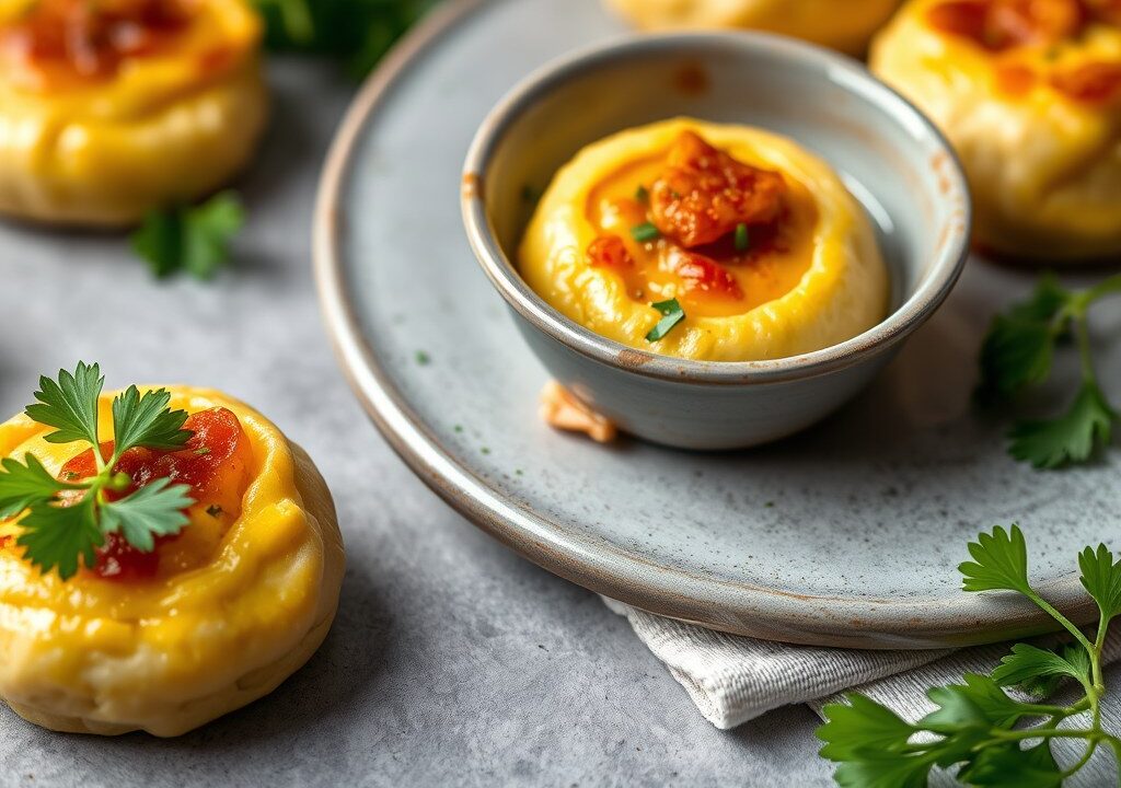 Omeletrolletjes gevuld met kruidenkaas en ham, AI-gegenereerde illustratie