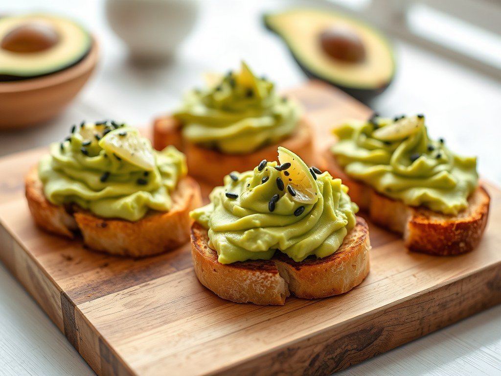 Ontbijt-bruschetta met avocado, AI-gegenereerde illustratie