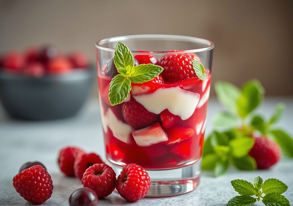 Ontbijtcocktail met rode besjes, AI-gegenereerde illustratie