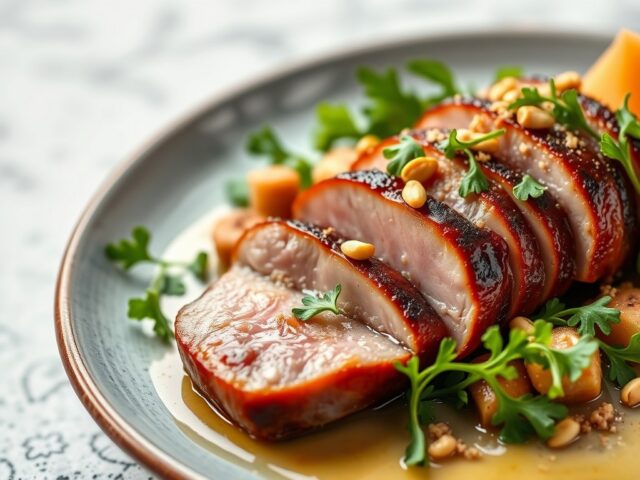 Oosterse eendenborst met rucola en meloen