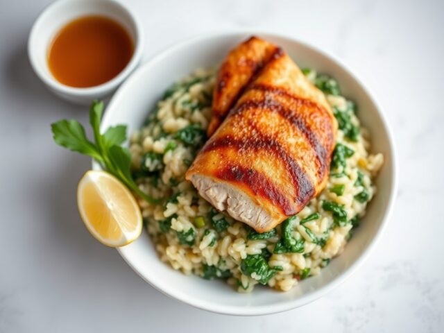 Oosterse risotto met spinazie en gerookte kipfilet