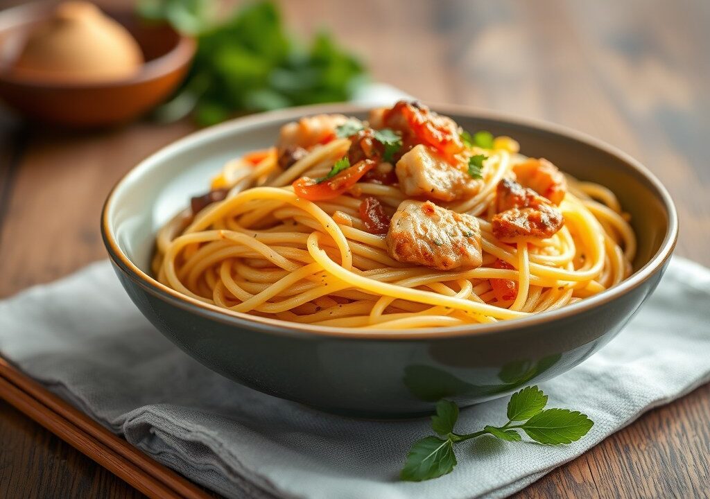 Oosterse spaghettini met saté en atjar, AI-gegenereerde illustratie