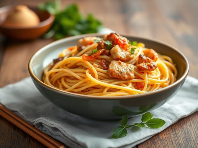 Oosterse spaghettini met saté en atjar — AI-gegenereerde illustratie