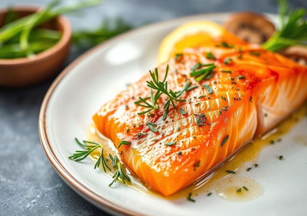 Op het bord gegaarde zalm met dille-bieslookmarinade, AI-gegenereerde illustratie