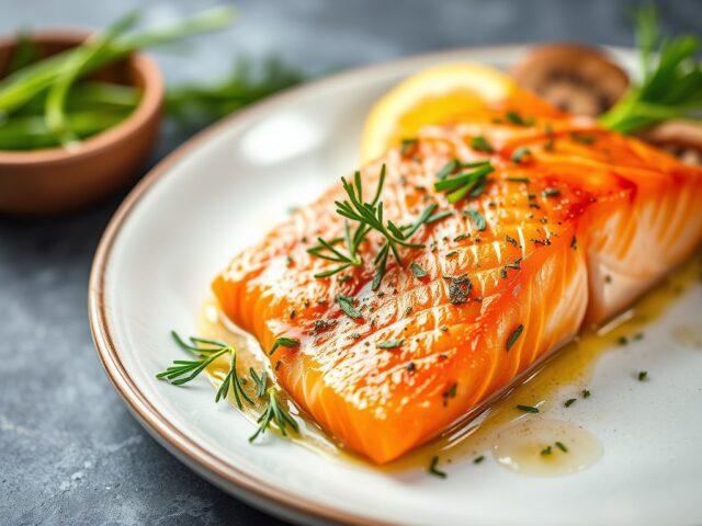 Op het bord gegaarde zalm met dille-bieslookmarinade