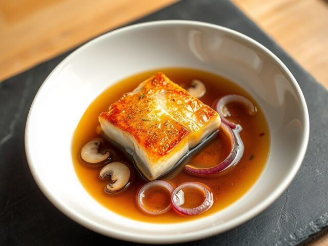 Op vel gebakken kabeljauwfilet met uienbouillon en shiitakes