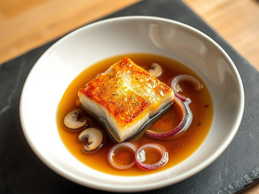 Op vel gebakken kabeljauwfilet met uienbouillon en shiitakes, AI-gegenereerde illustratie