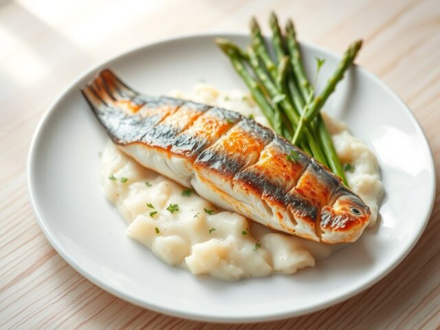 Op vel gebakken makreel met asperges en parmentier van witte kool
