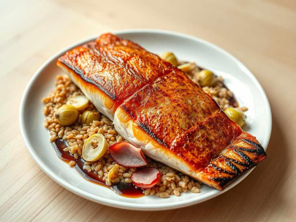 Op z’n vel gebakken roodbaars en spelt met zuiderse groenten, AI-gegenereerde illustratie