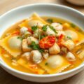Open ravioli met kreeft, scampi’s, zee- en tuingroenten in een Oosterse bouillon