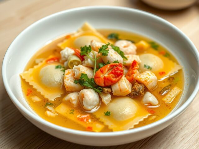 Open ravioli met kreeft, scampi’s, zee- en tuingroenten in een Oosterse bouillon