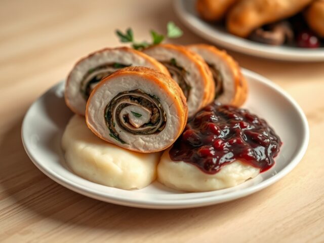 Opgerolde kalkoenfilet met verse spinazie