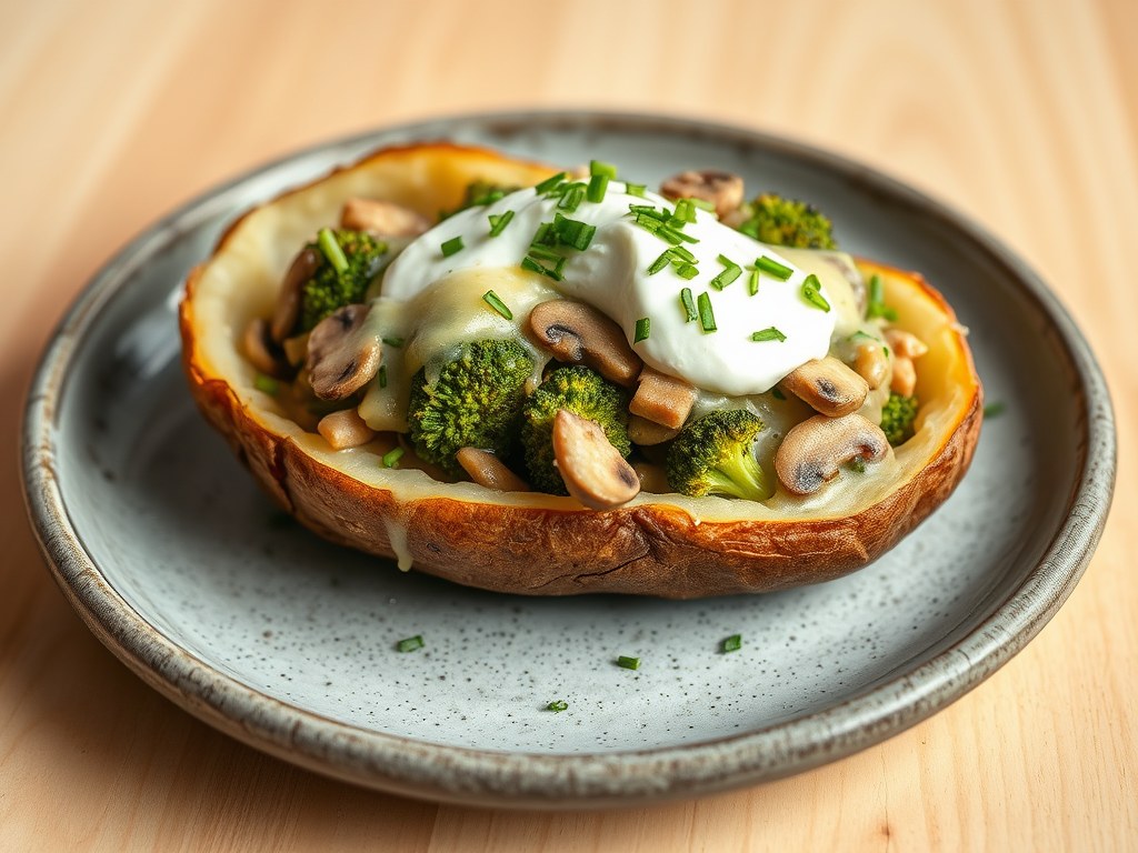 Opgevulde aardappel met champignon-broccolimengsel, AI-gegenereerde illustratie