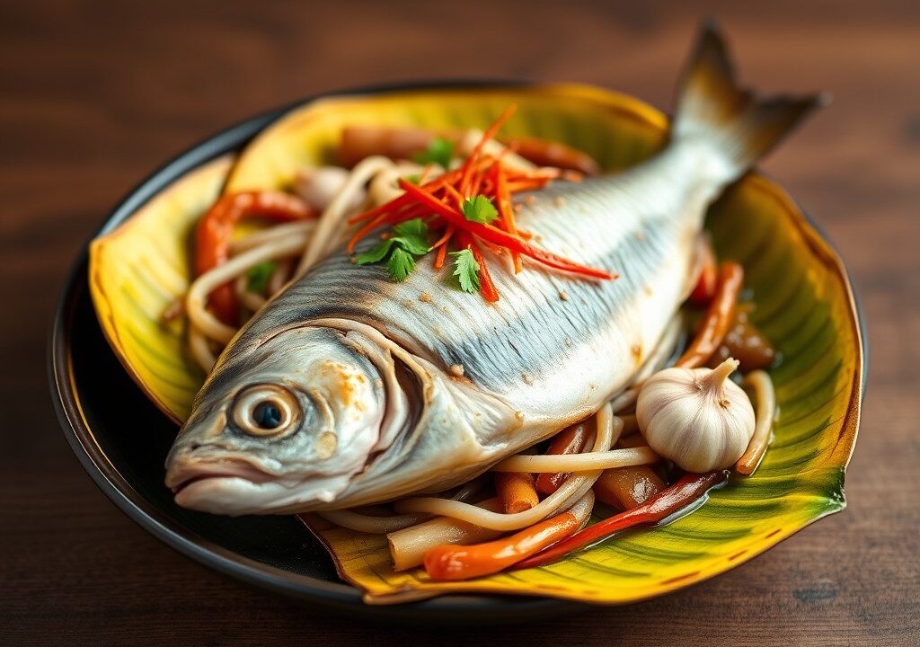 Otak otak (in bananenblad gestoomde vis) — AI-gegenereerde illustratie