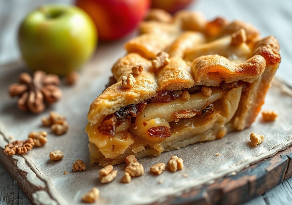 Ouderwetse lekkere appeltaart met macademianoten, AI-gegenereerde illustratie