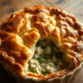 Oven kippenpie met groenten en een dakje van bladerdeeg