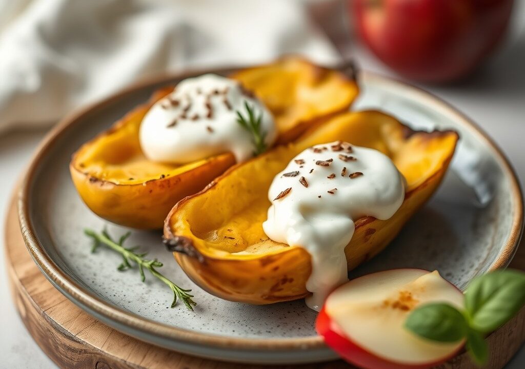 Ovenappels met yoghurtsaus, AI-gegenereerde illustratie