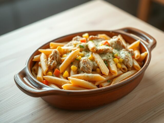 Ovenpasta met kip, worteltjes en maïs