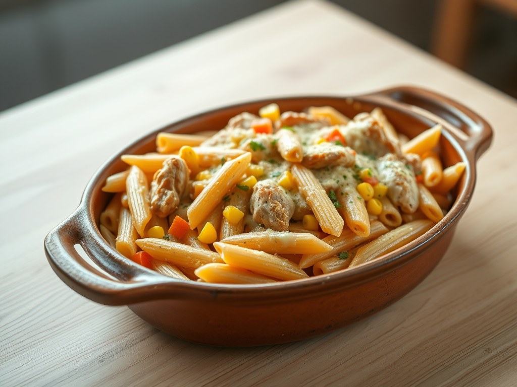 Ovenpasta met kip, worteltjes en maïs, AI-gegenereerde illustratie