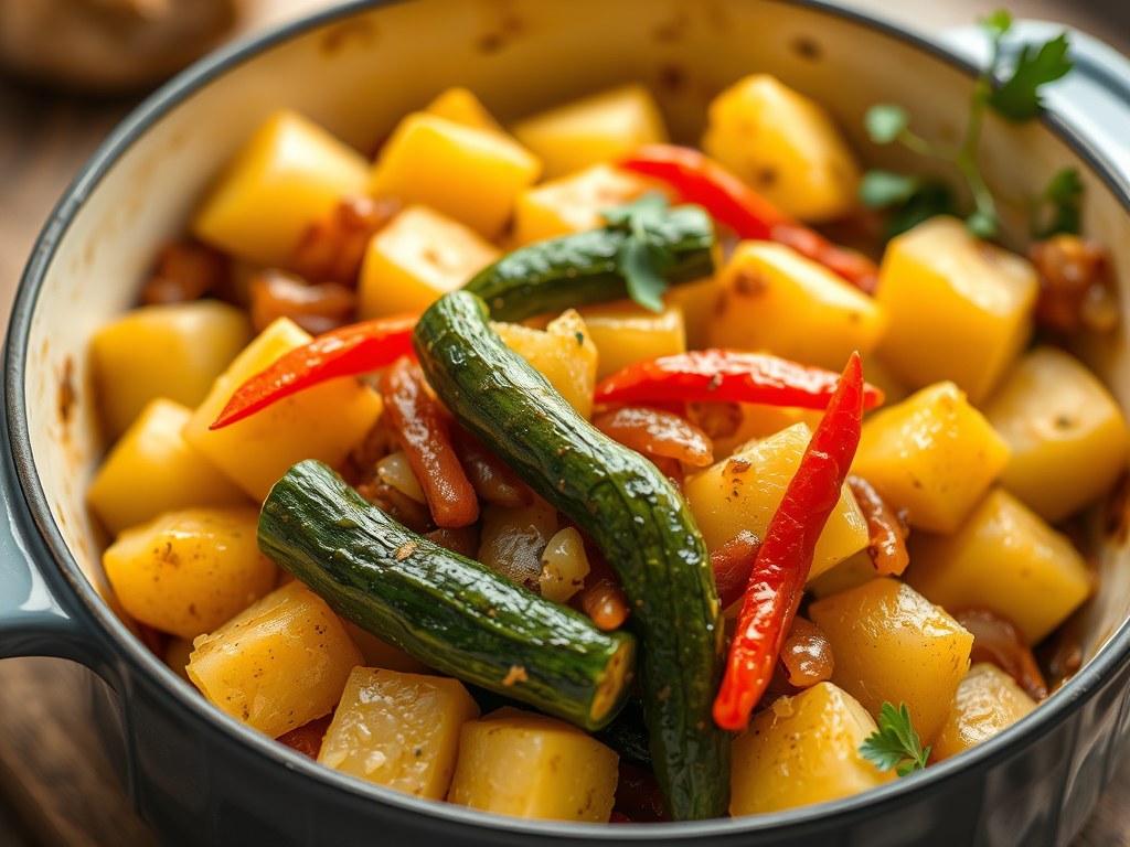 Ovenpotje van aardappelen en groenten, AI-gegenereerde illustratie