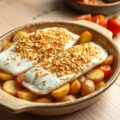 Ovenschotel met aardappelen, prei en pladijs