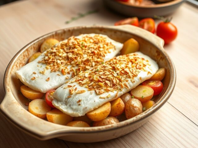 Ovenschotel met aardappelen, prei en pladijs