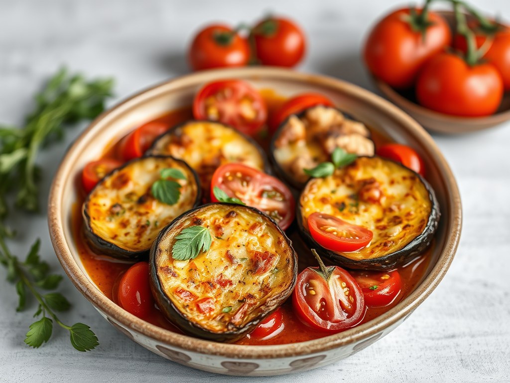 Ovenschotel met aubergine en tomaat, AI-gegenereerde illustratie
