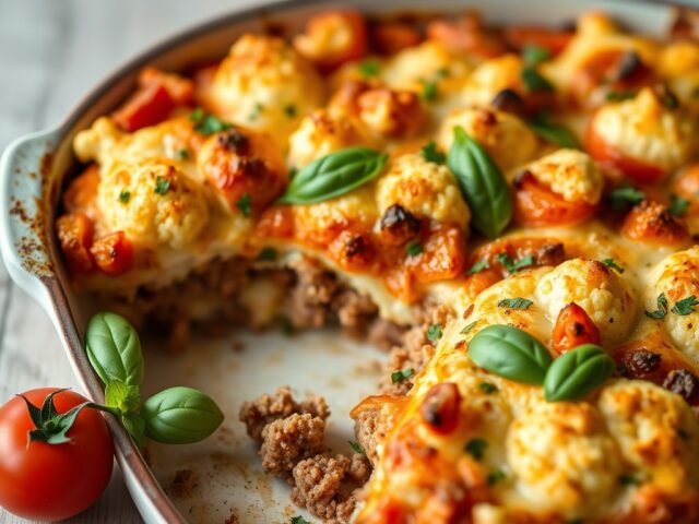 Ovenschotel met bloemkool, tomaat en basilicum