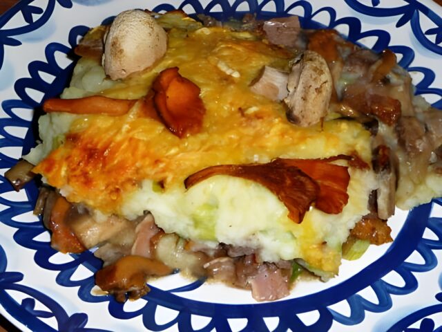 Ovenschotel met cantharellen, champignons en gehakt