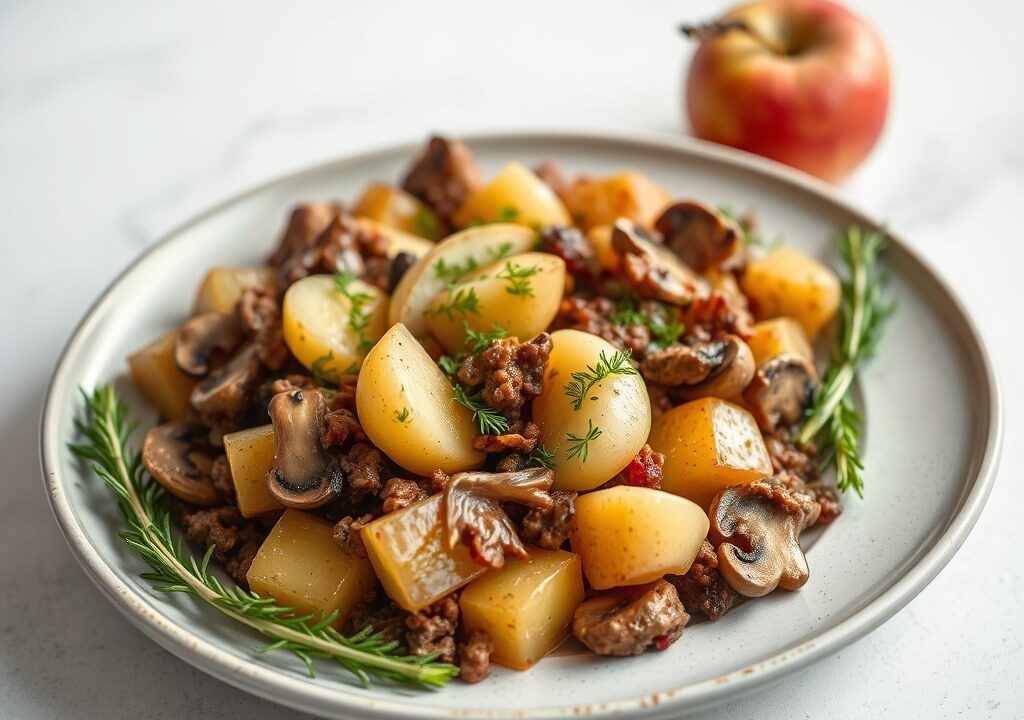 Ovenschotel met champignons, ui, gehakt en appel, AI-gegenereerde illustratie