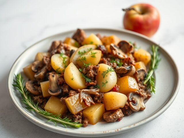 Ovenschotel met champignons, ui, gehakt en appel