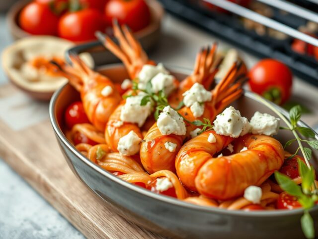 Ovenschotel met gamba’s, fetakaas, tomaat, knoflook