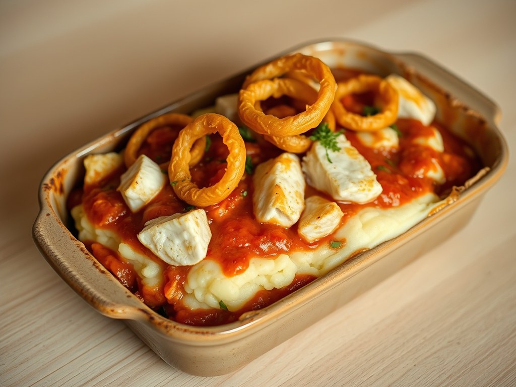 ovenschotel met kabeljauw en uiringen, AI-gegenereerde illustratie