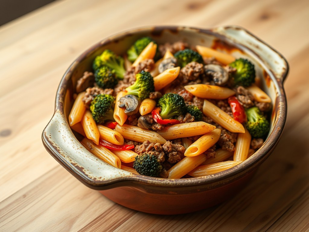 Ovenschotel met penne,broccolli en gehakt, AI-gegenereerde illustratie