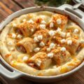 Ovenschotel met prei- hamrolletjes en aardappelpuree