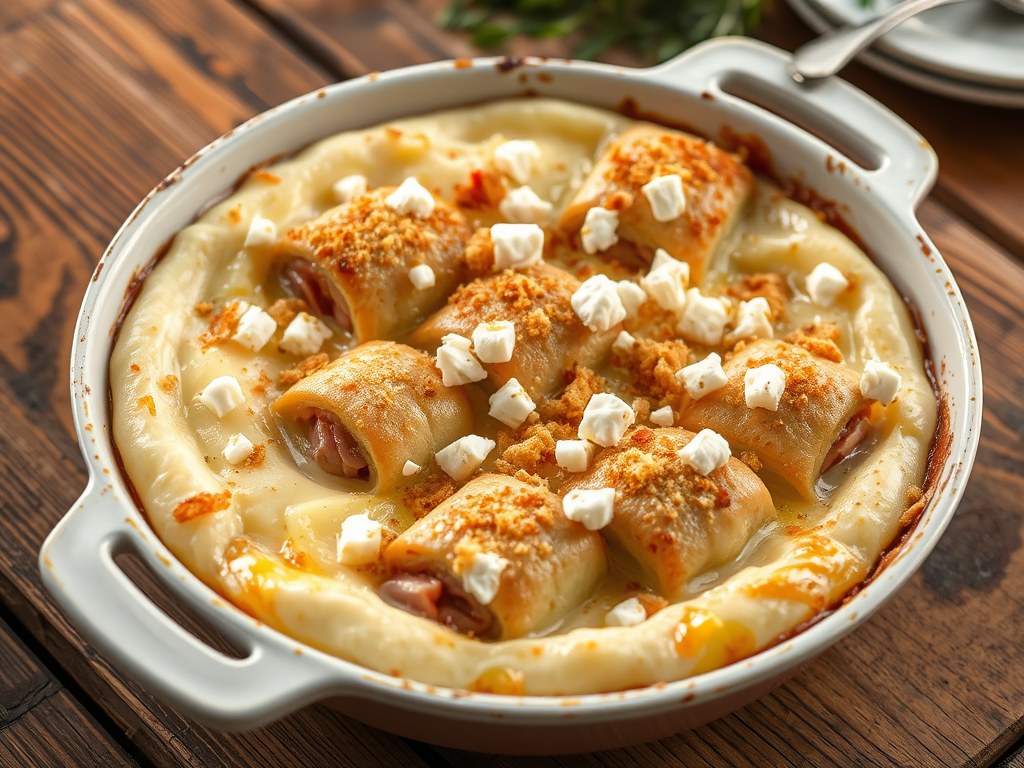 Ovenschotel met prei- hamrolletjes en aardappelpuree, AI-gegenereerde illustratie