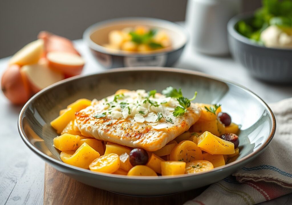 Ovenschotel met tilapiafilet, AI-gegenereerde illustratie