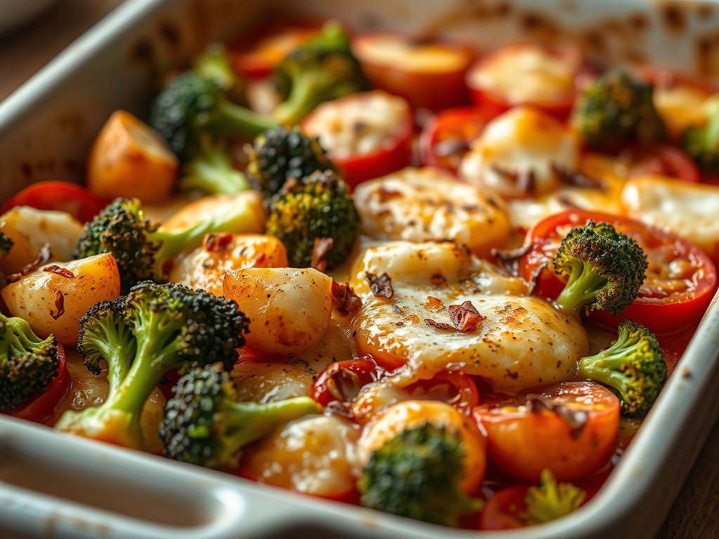 Ovenschotel met tomaat en broccoli, AI-gegenereerde illustratie
