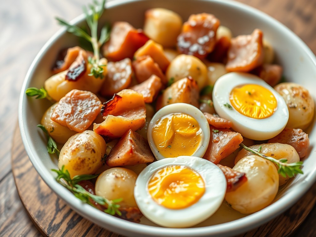 Ovenschotel met witlof, ham en eieren, AI-gegenereerde illustratie