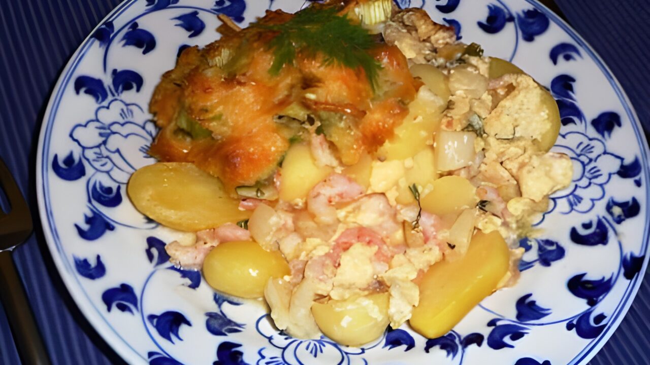 Ovenschotel met witte asperges en Noorse garnalen