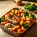 Ovenschotel met worstjes en gemengde groenten